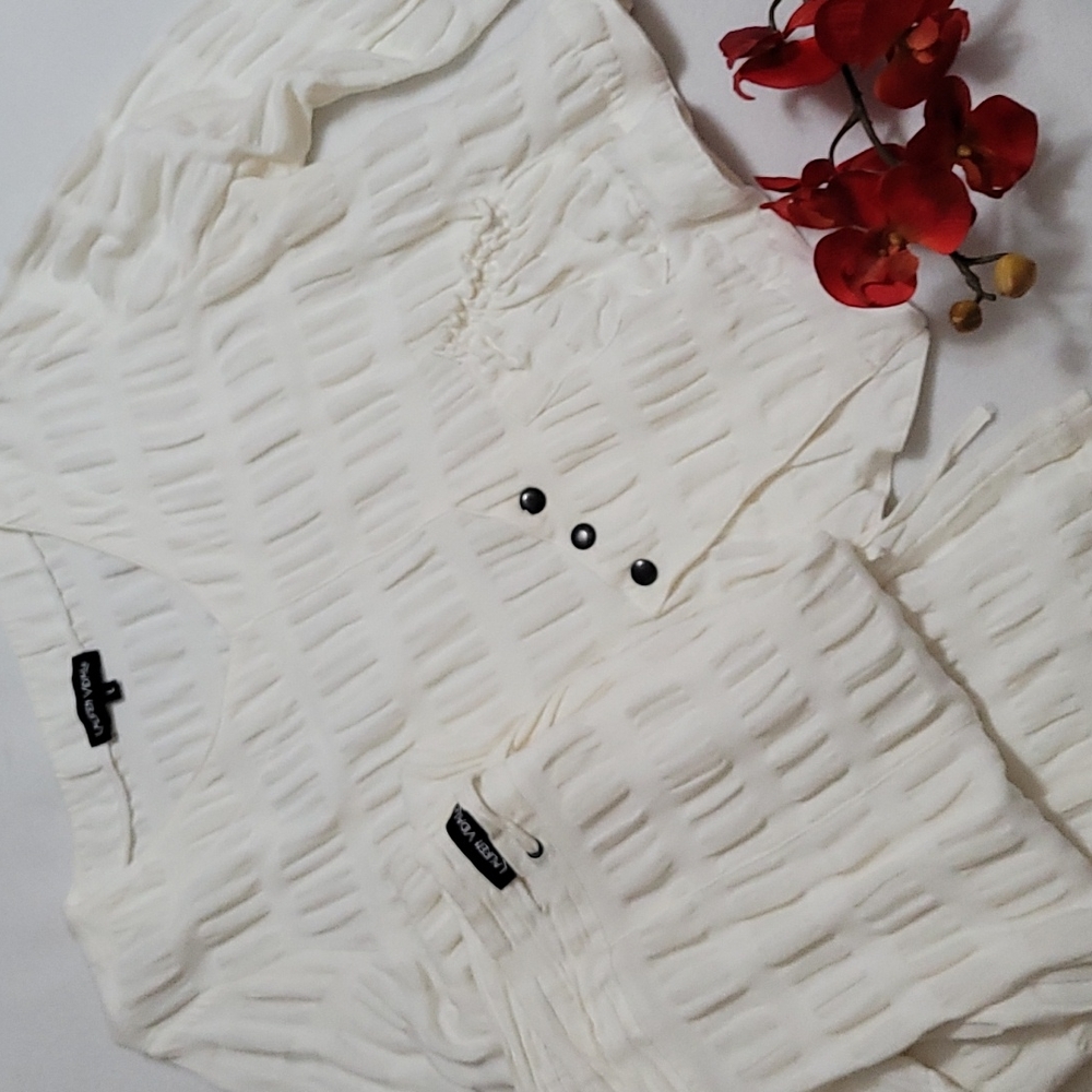 Unique Designer White Linen Pant Suit Asymmetrical Cut Women's Lauren Vidal L XL